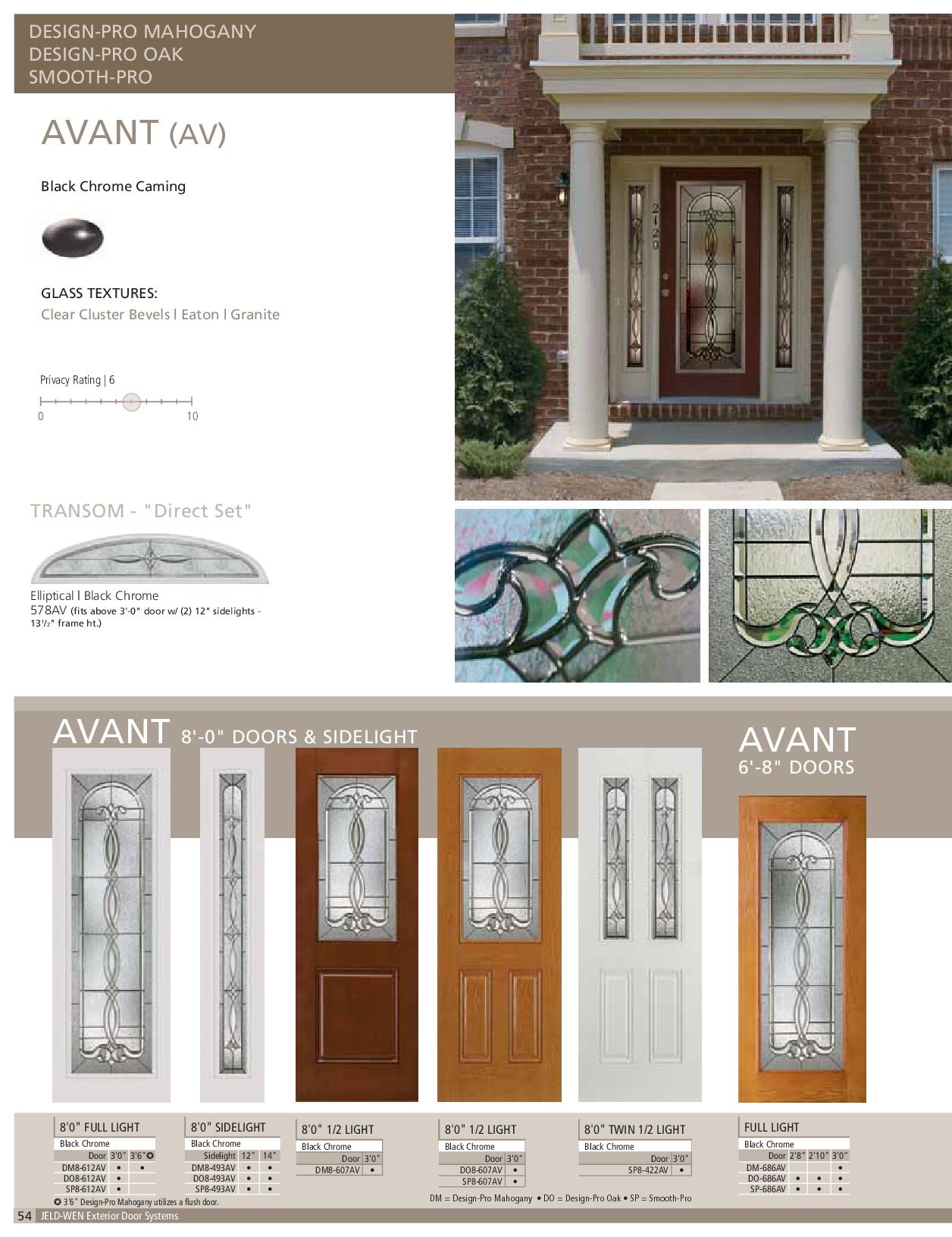 Product catalog: Avant door styles with glass designs, in various colors, showcased on a house's entryway.