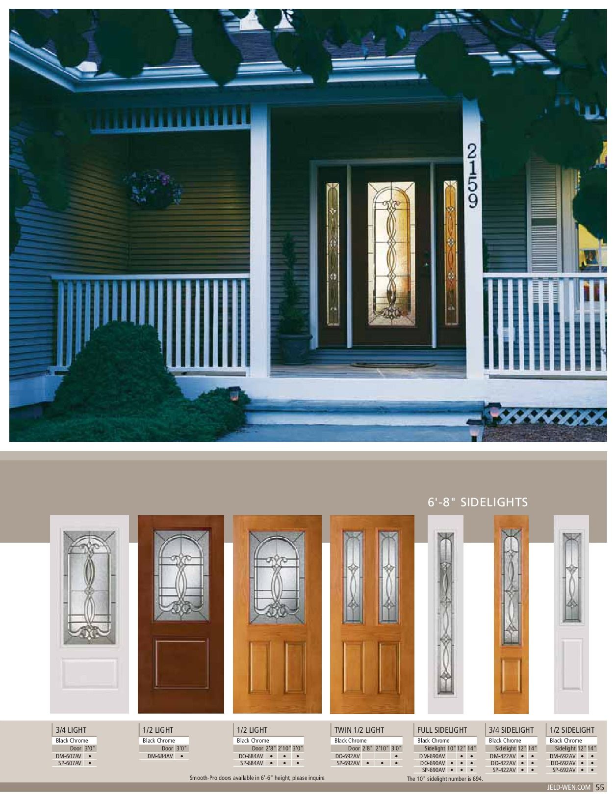 A house entrance showcasing various door styles: glass-paneled, wooden, and sidelight options.