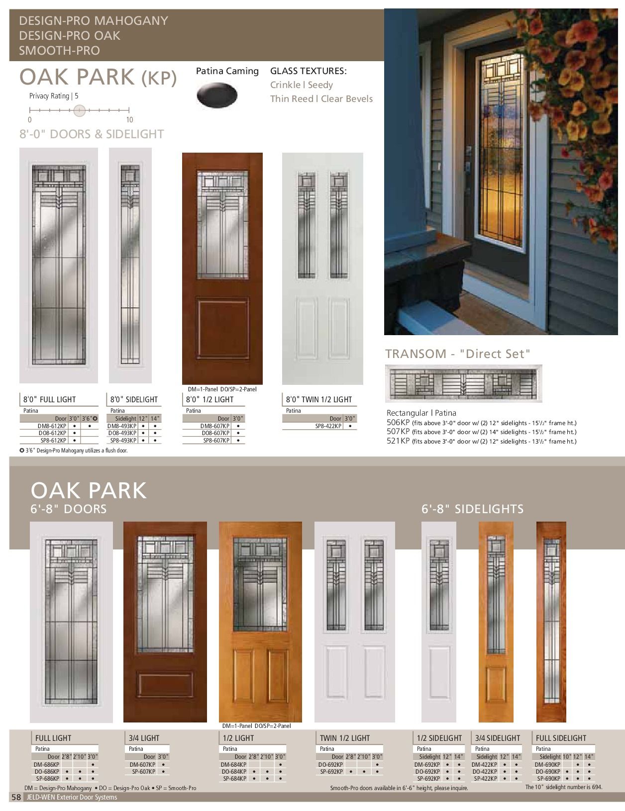 Exterior door catalog showing Oak Park doors in various styles and finishes.