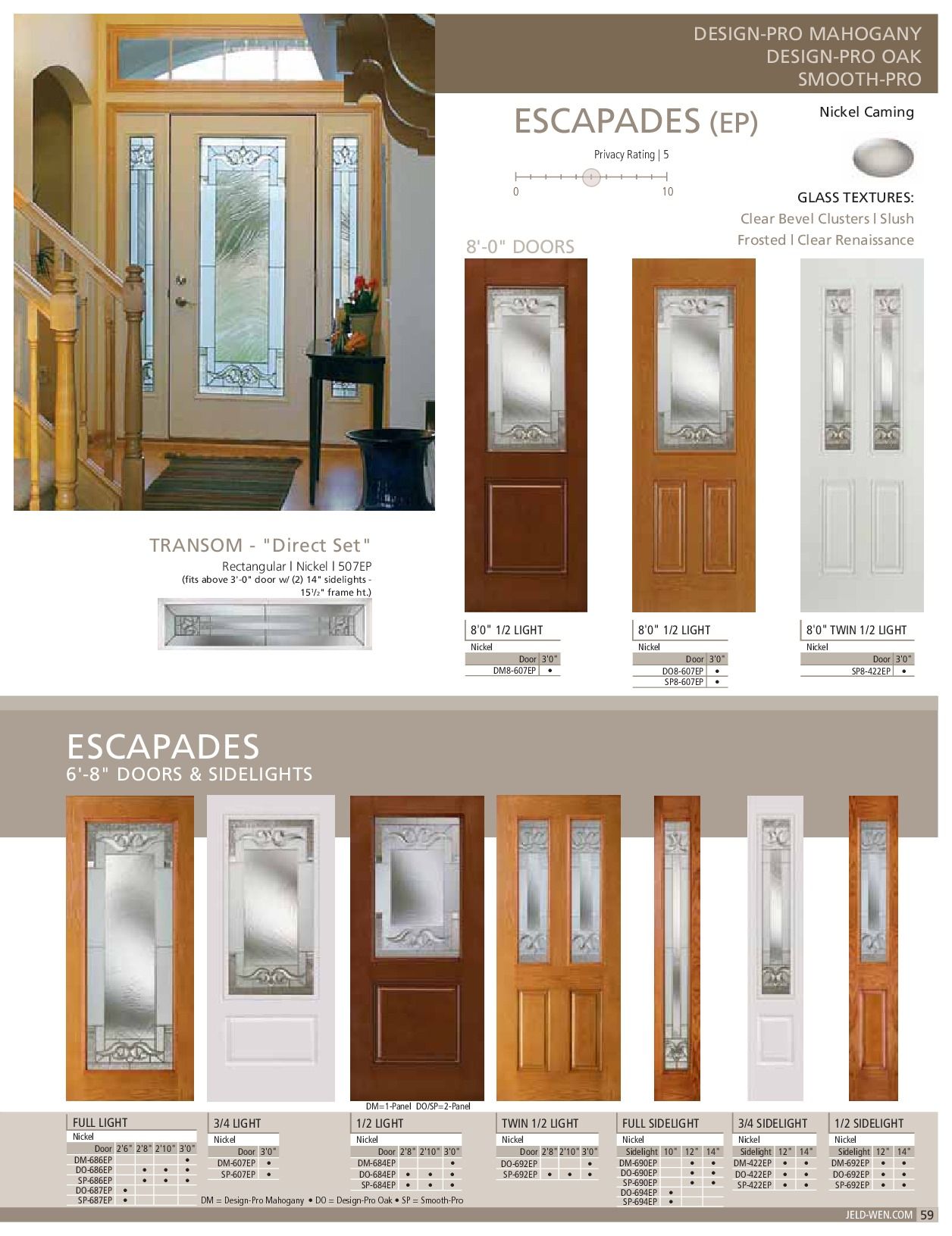 Catalog page of Escapades (EP) doors and sidelights. Features various door styles with decorative glass panels.