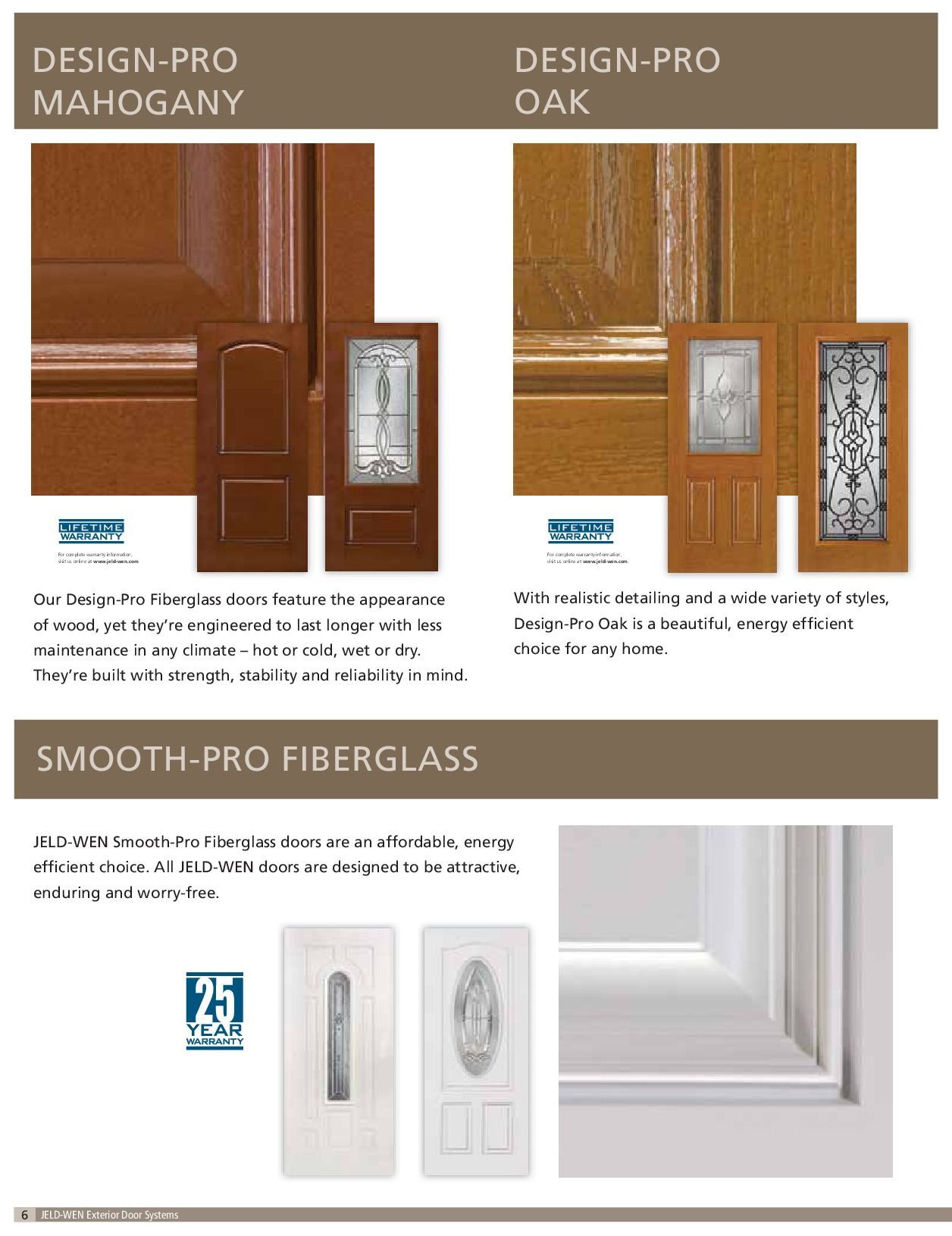 Door samples: Mahogany and Oak with glass panels, and Smooth-Pro Fiberglass.