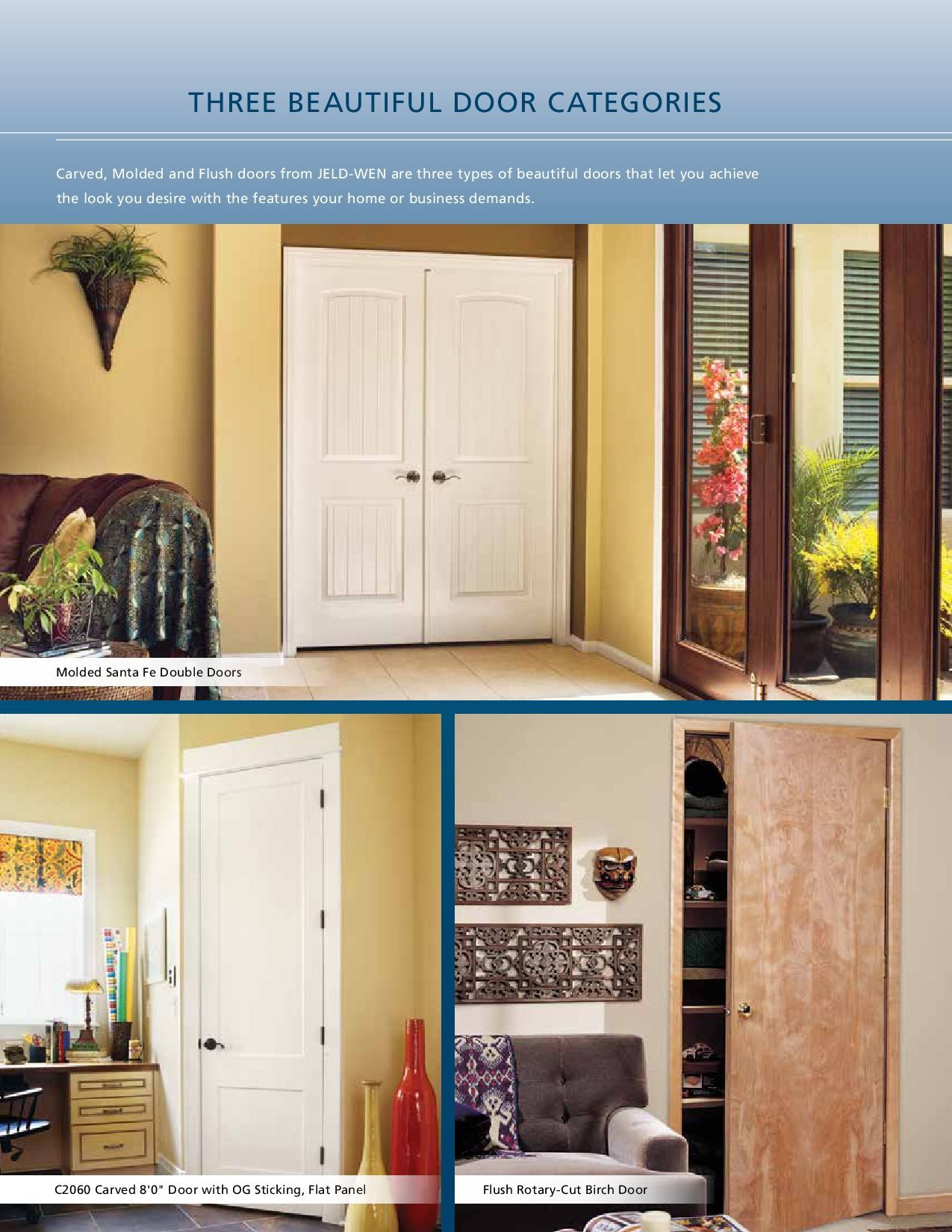 Three interior door categories with examples: panel doors, contemporary, and interior doors with shoe rack.