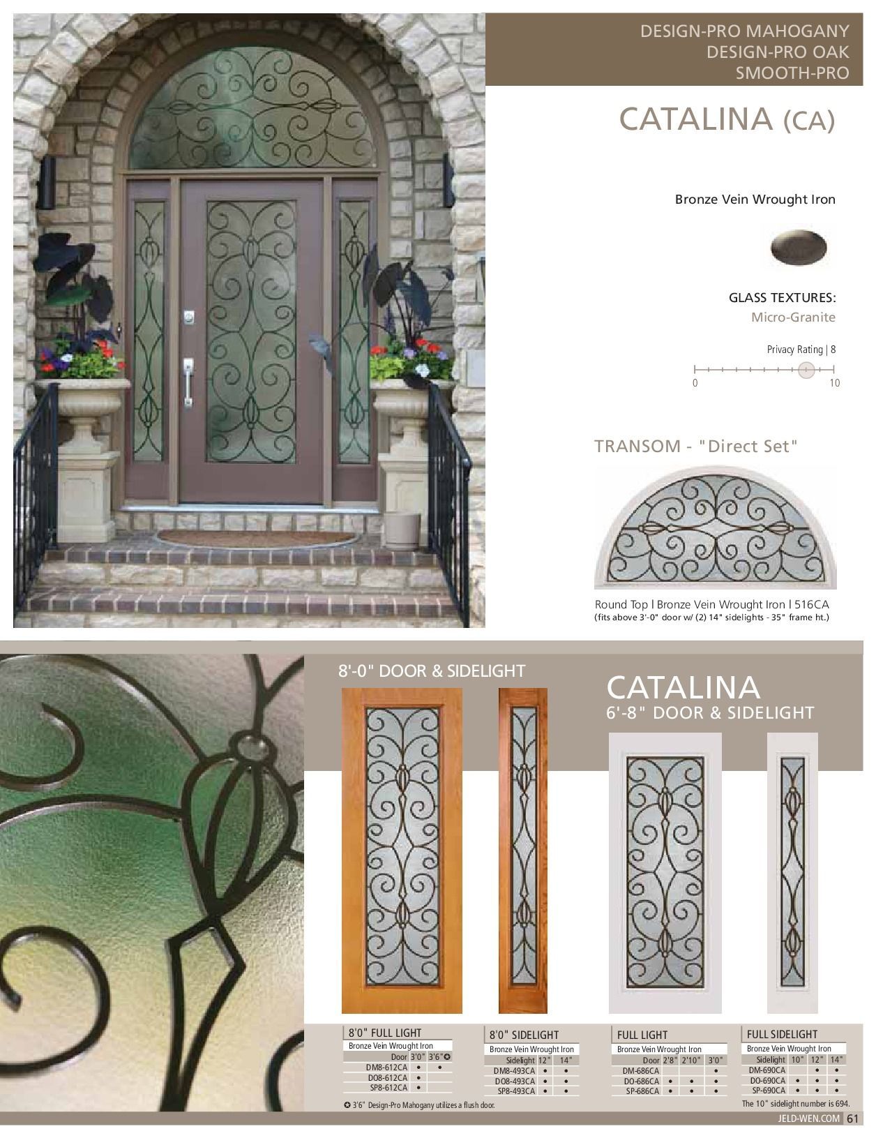 Door with iron scrollwork, arched transom. Front entry catalog page. Brown tones.