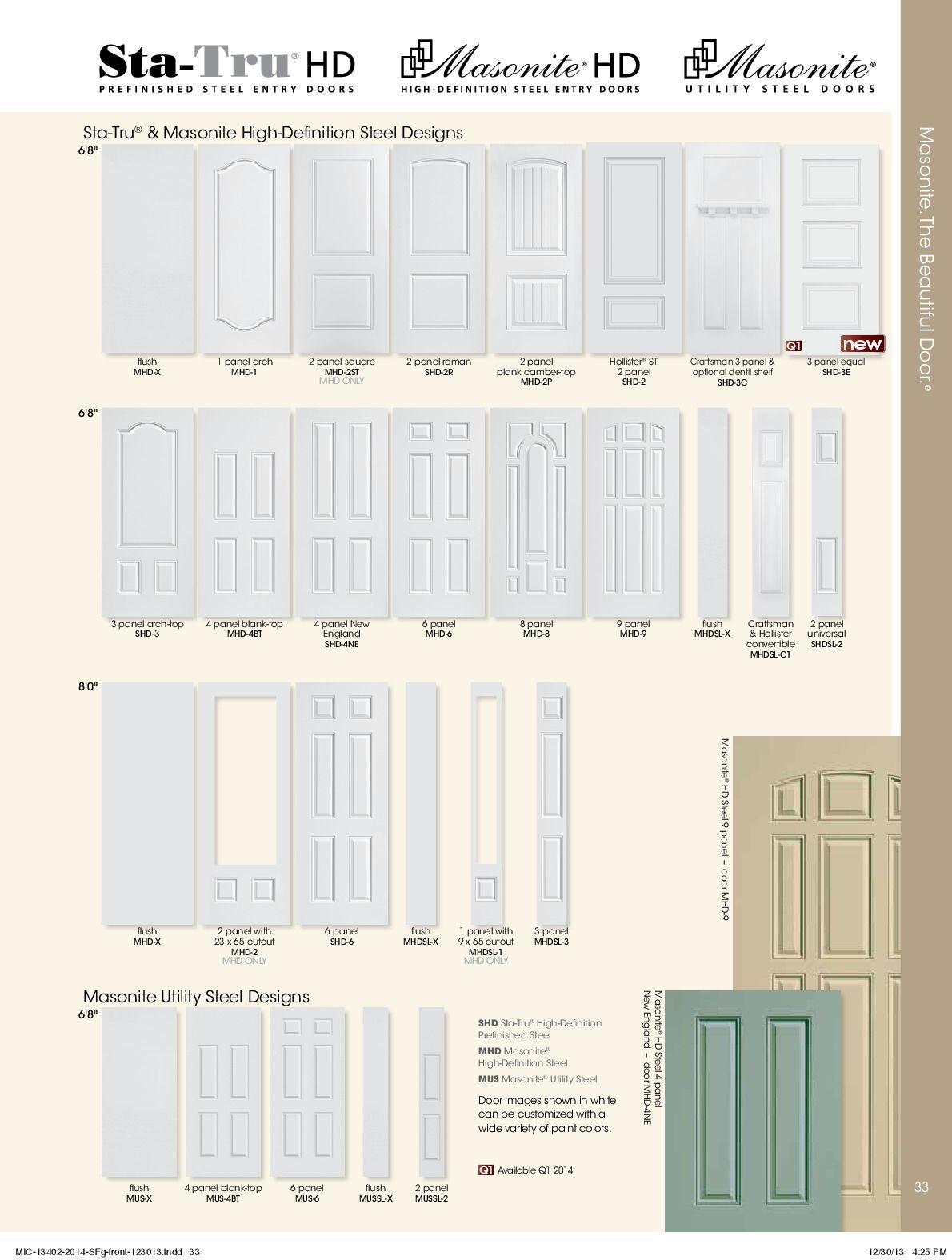 Catalog page showcasing Sta-Tru HD and Allurimite HD door designs; white panels with various styles and sizes.