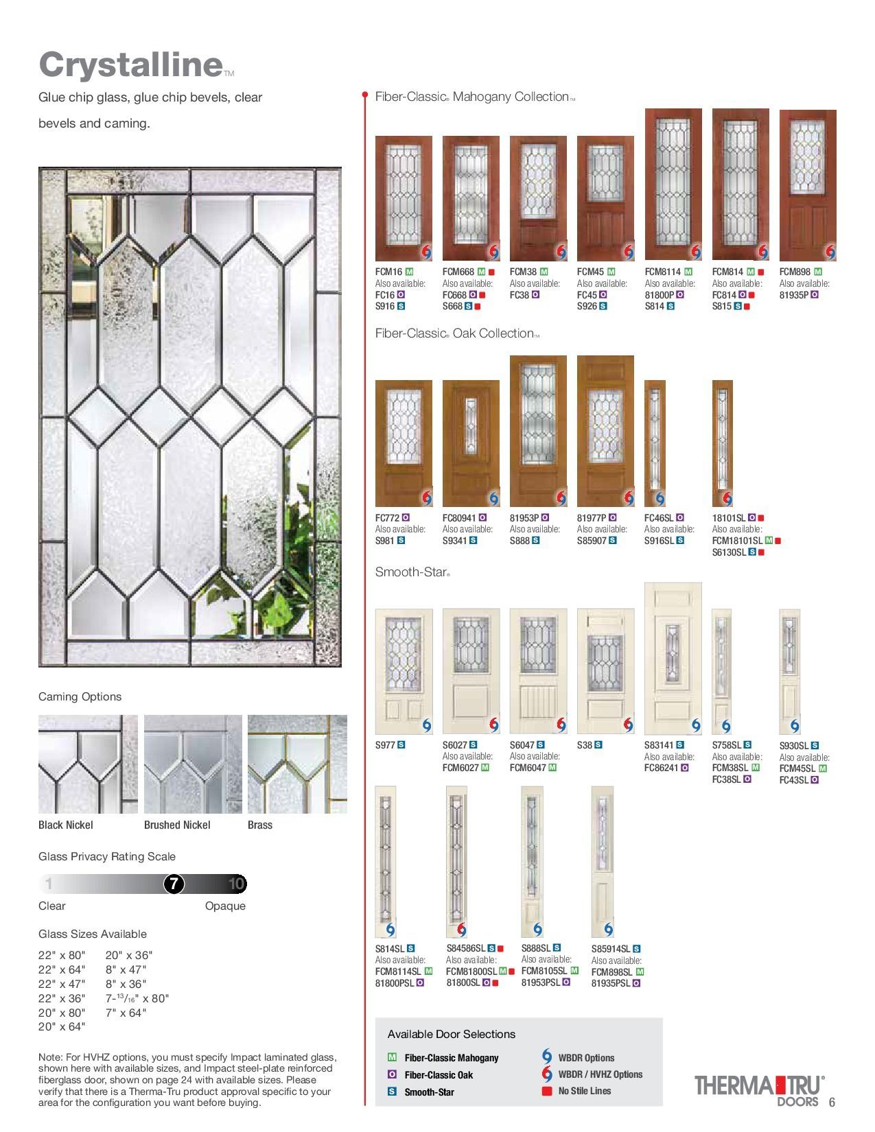 Crystalline door designs catalog featuring various glass patterns, door styles, and color options.