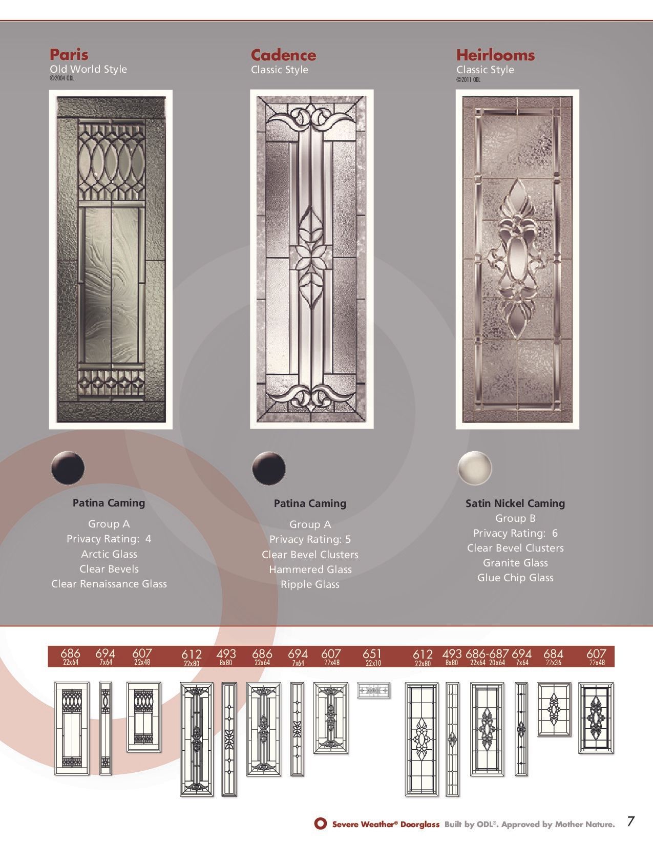 Three glass doors: Paris, Candice, & Hollywood, with color options and a row of related door styles.
