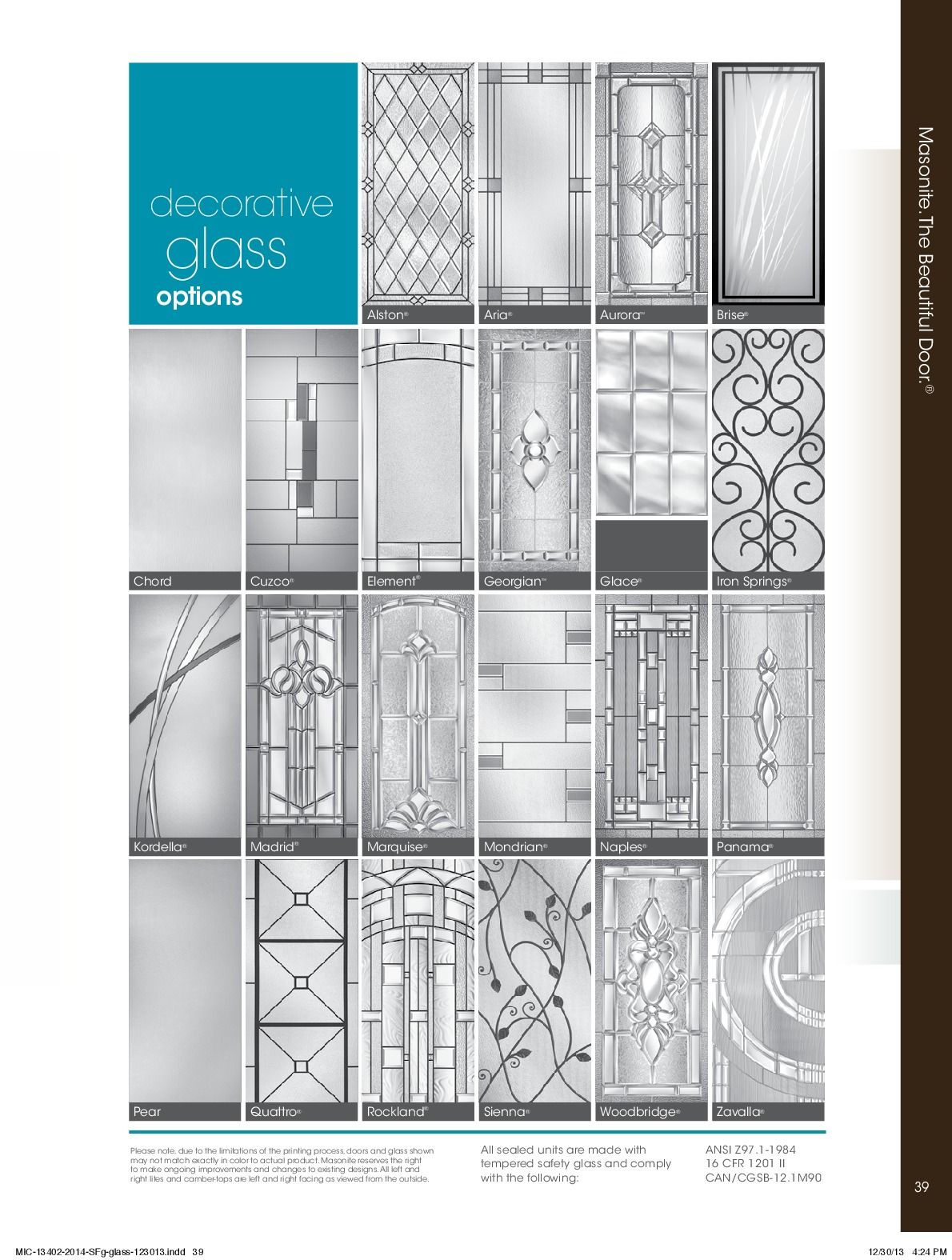 Decorative glass options catalog page with various glass door designs.