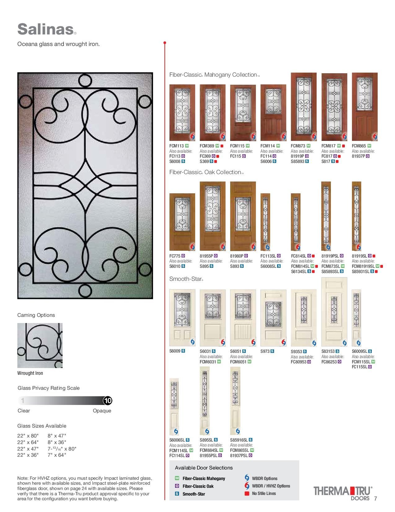 Catalog page with door designs, metal scrollwork, glass panes, and color options.