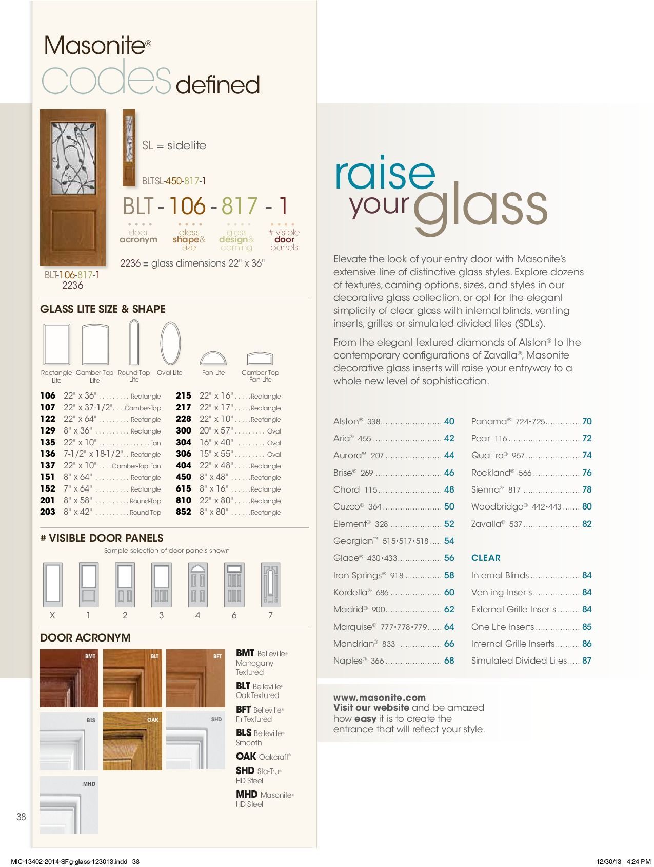 Door catalog page with specifications, illustrations, and design options from Masonite.