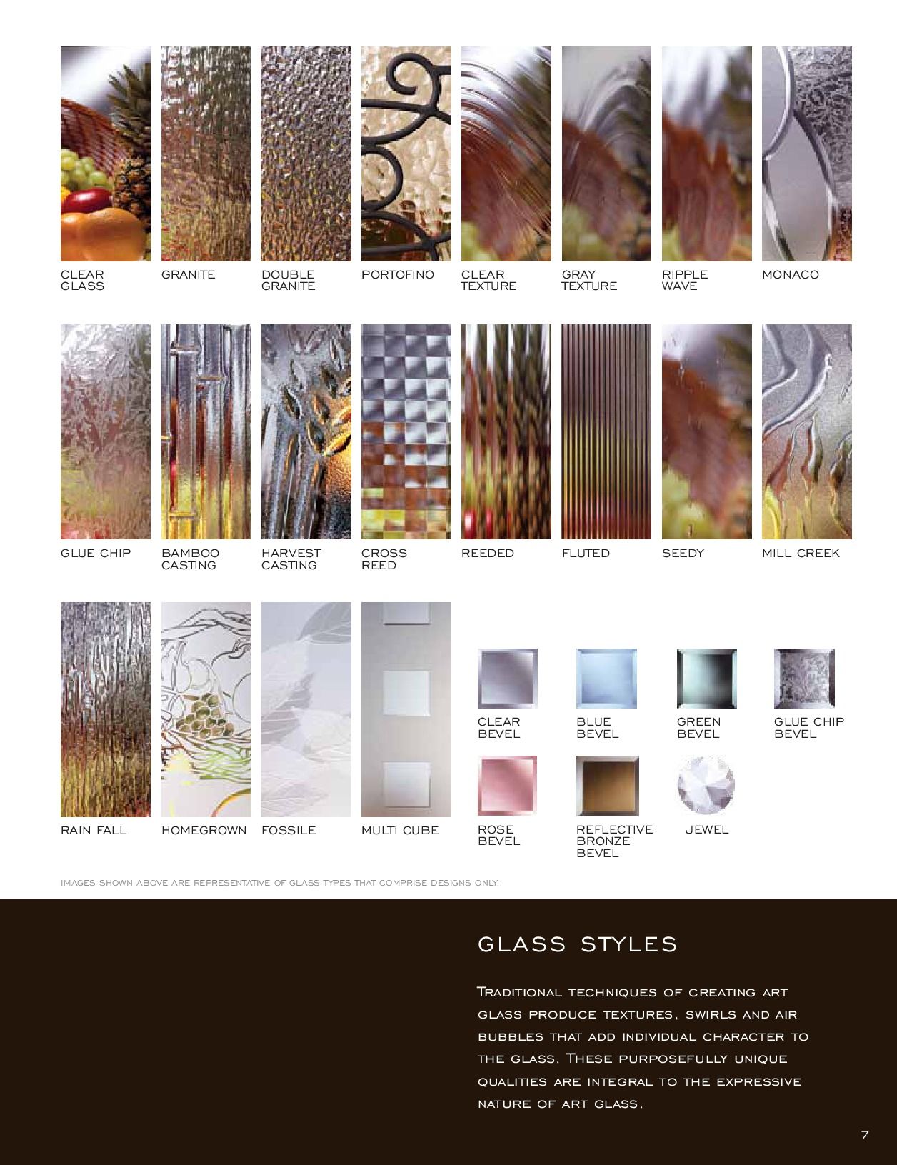 Glass door styles display, various textures and finishes.