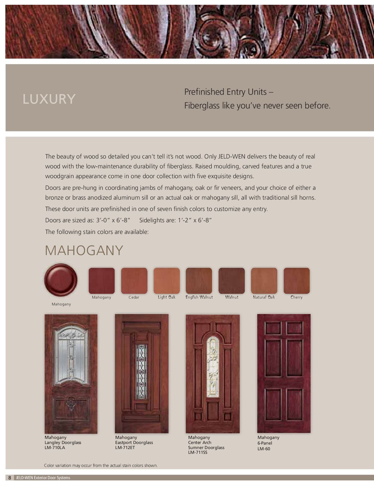 Mahogany door options with various stains. Features close-up wood carving and color swatches.