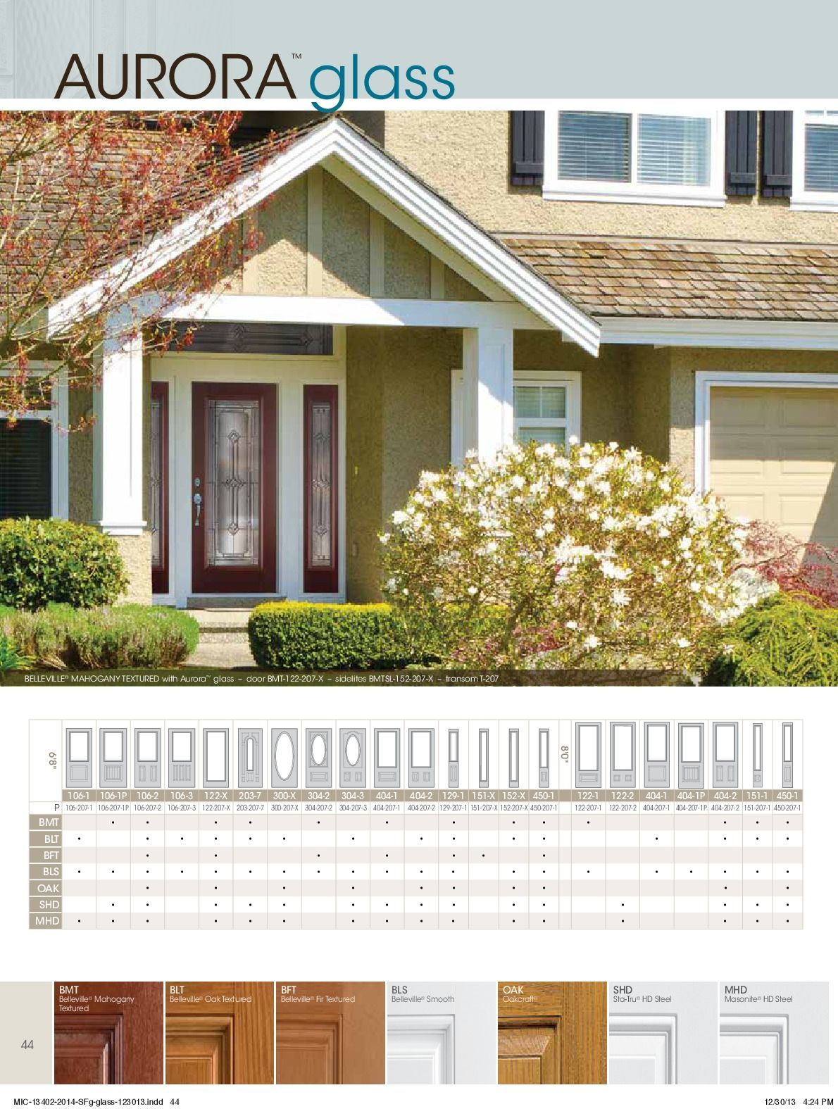 Front door with glass insert and side windows on a house. Product catalog below.