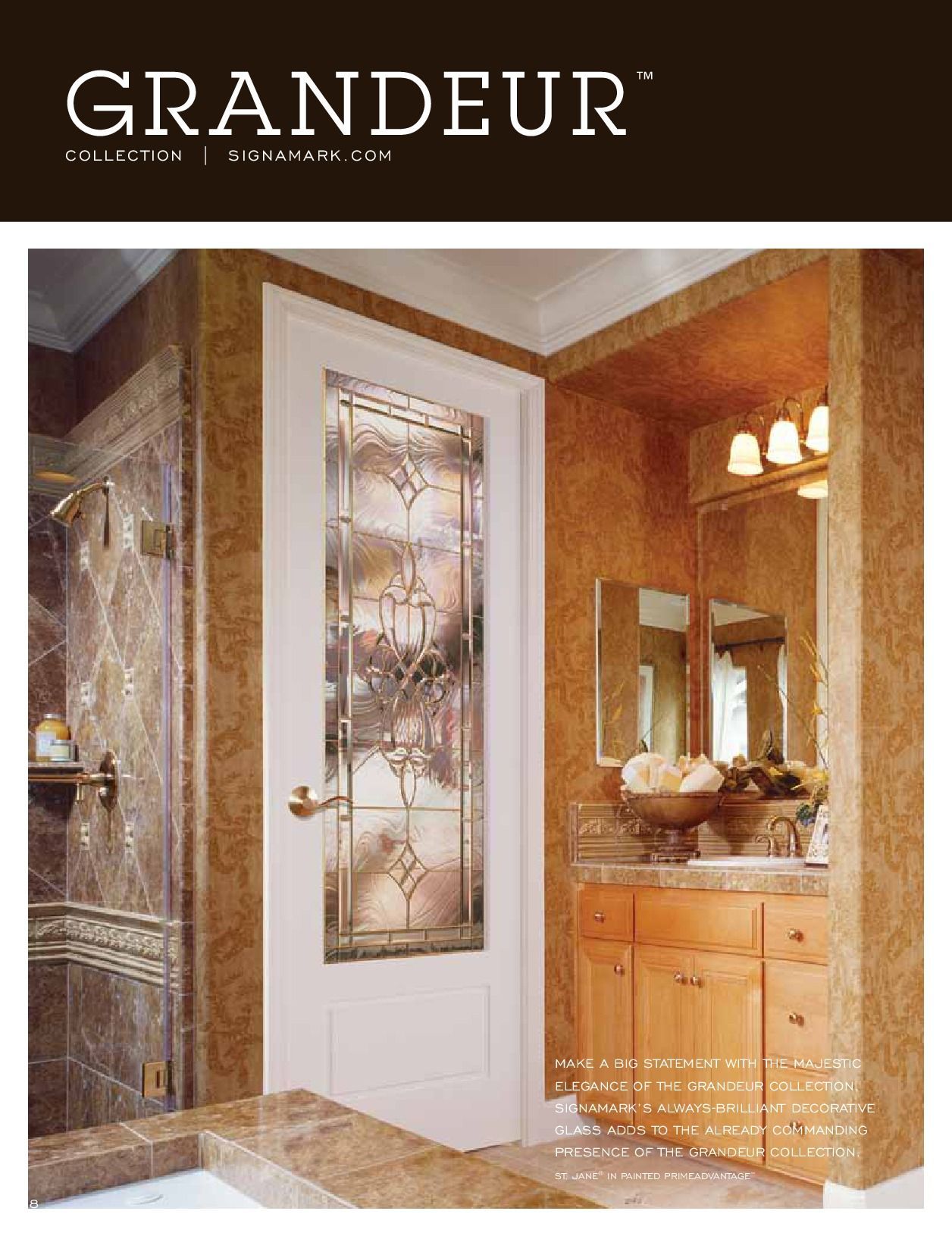 Bathroom with stained glass door, marble shower, and vanity.
