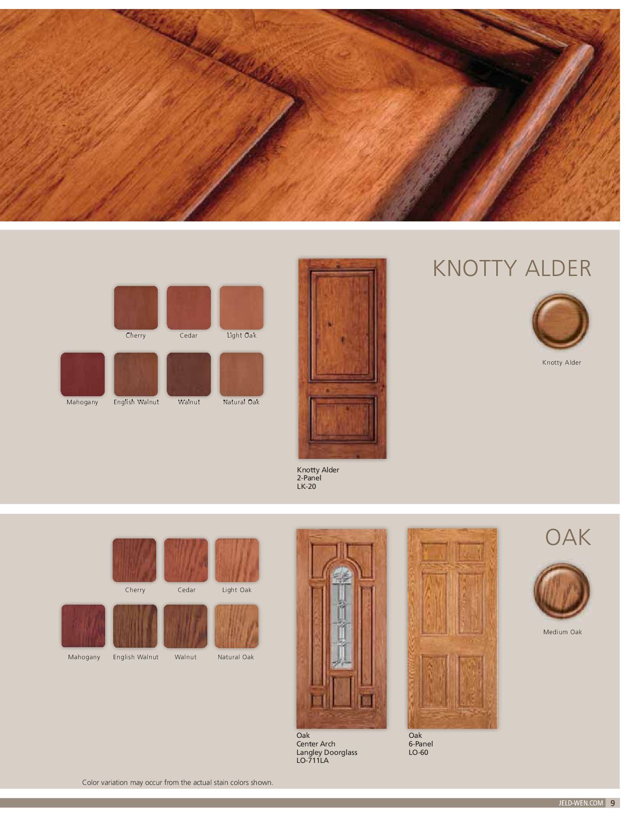 Wood door samples: Knotty Alder and Oak, showing various wood finishes and door styles.