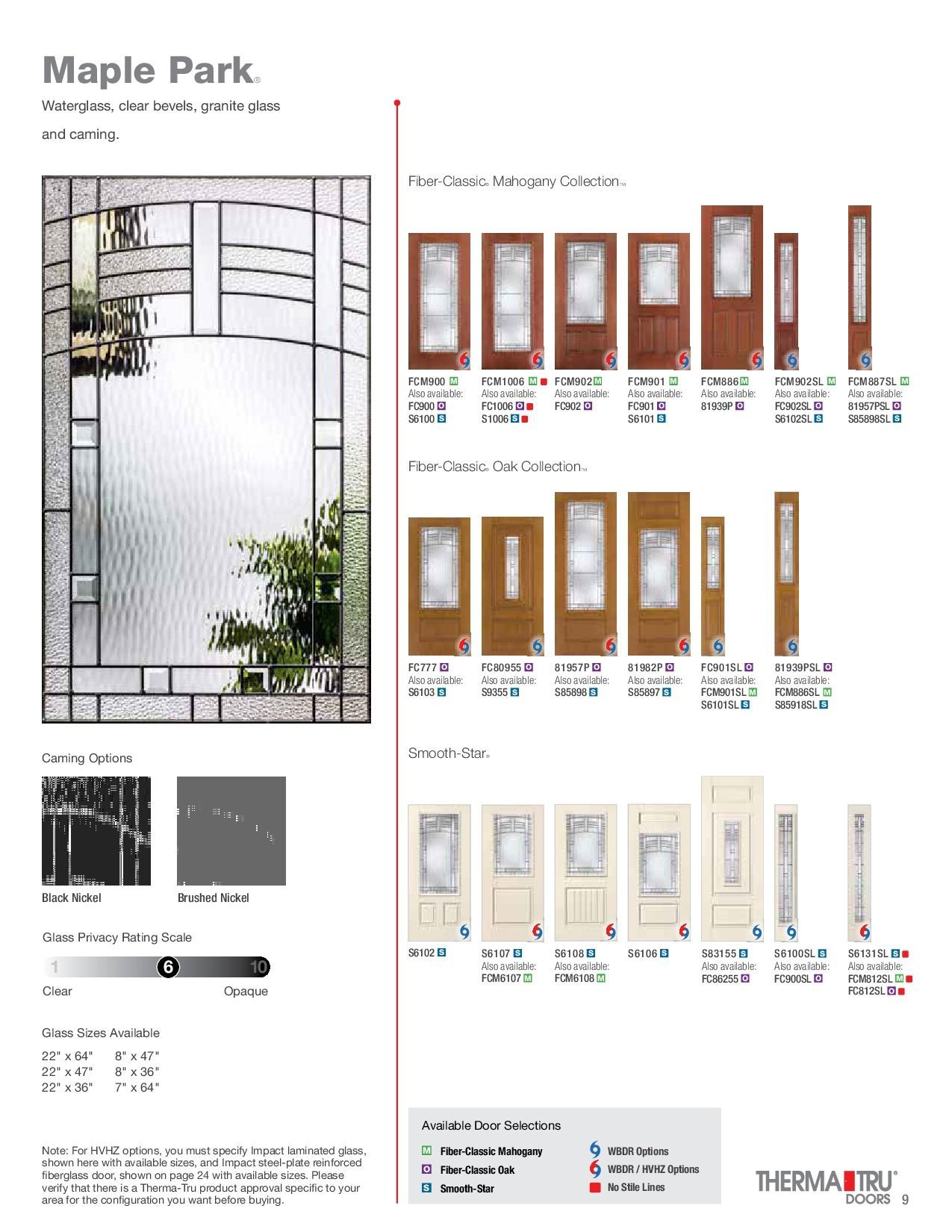 Maple Park door options. Includes stained glass panels, sidelights, and color samples.