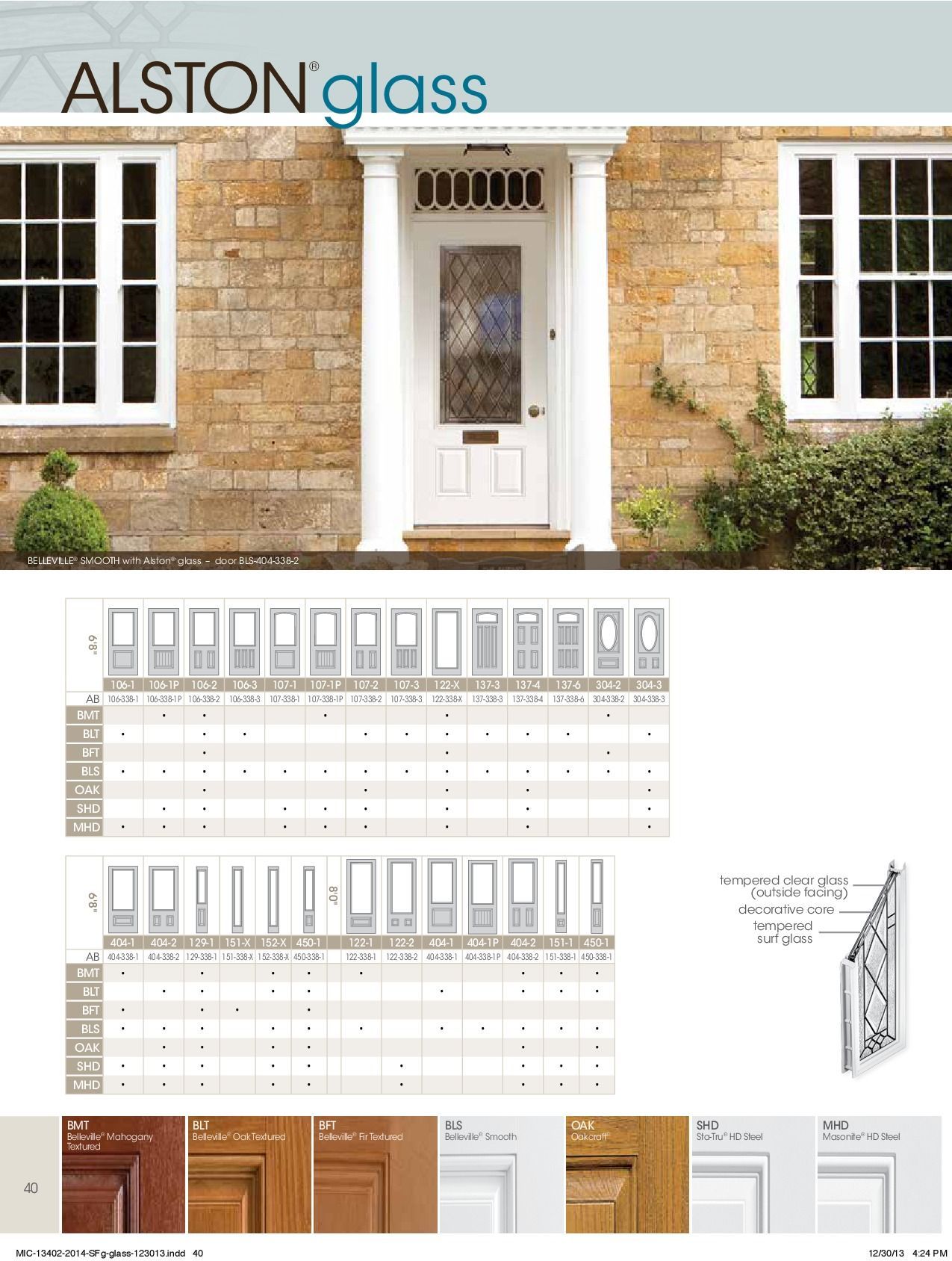 Brochure cover: Alston Glass logo above a home's entrance with windows. Product options table below.