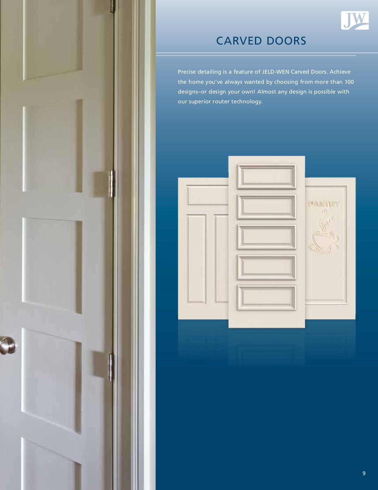 A brochure page showcasing carved doors. Includes close up of a white interior door. Three white door designs with various carved panels. Blue gradient background.