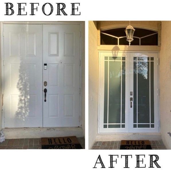 Before and after photos of a white double-door entrance, a plain design transformed to a glass panel design with transom.