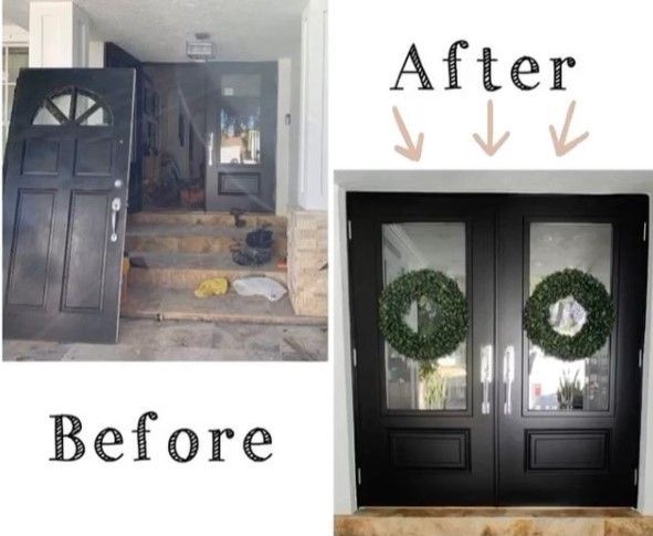 Before and after of a black door replacement. The 