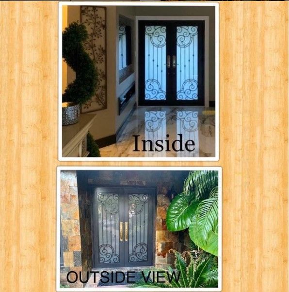 Two views of wrought iron double doors: inside view shows bright hallway; outside view shows stone facade and greenery.