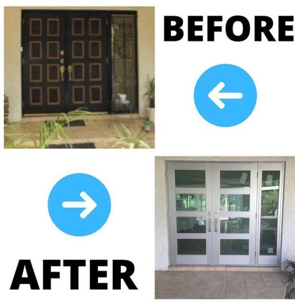 Before-and-after of a door replacement. Black wooden door is replaced with a silver door with glass panels.