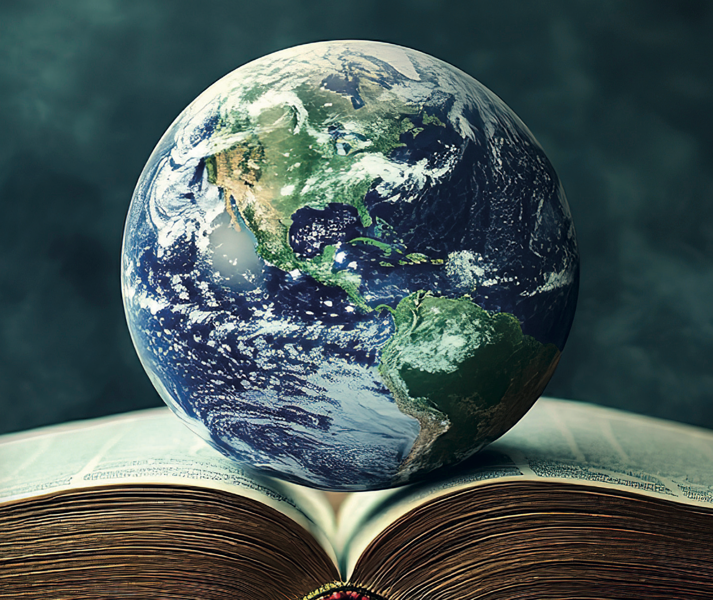 Ein Globus ruht auf einem aufgeschlagenen Buch und zeigt Nord- und Südamerika vor dunklem Hintergrund.