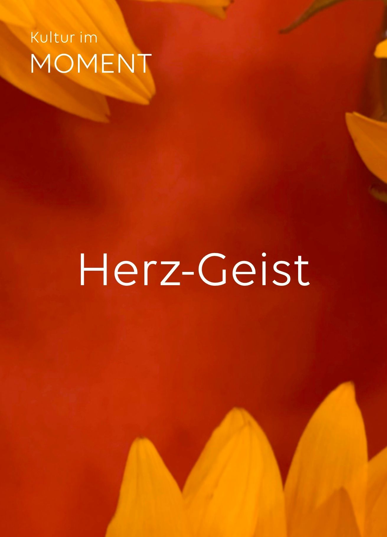 Roter Hintergrund mit „Herz-Geist“-Schriftzug und gelben floralen Akzenten.