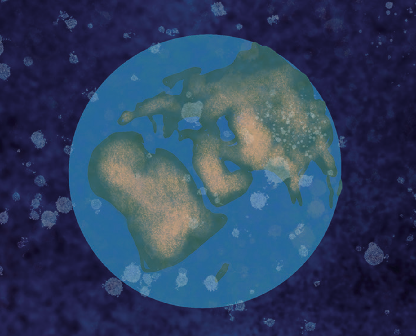 Earth globe with continents in beige, surrounded by blue and white speckles on a dark blue background.