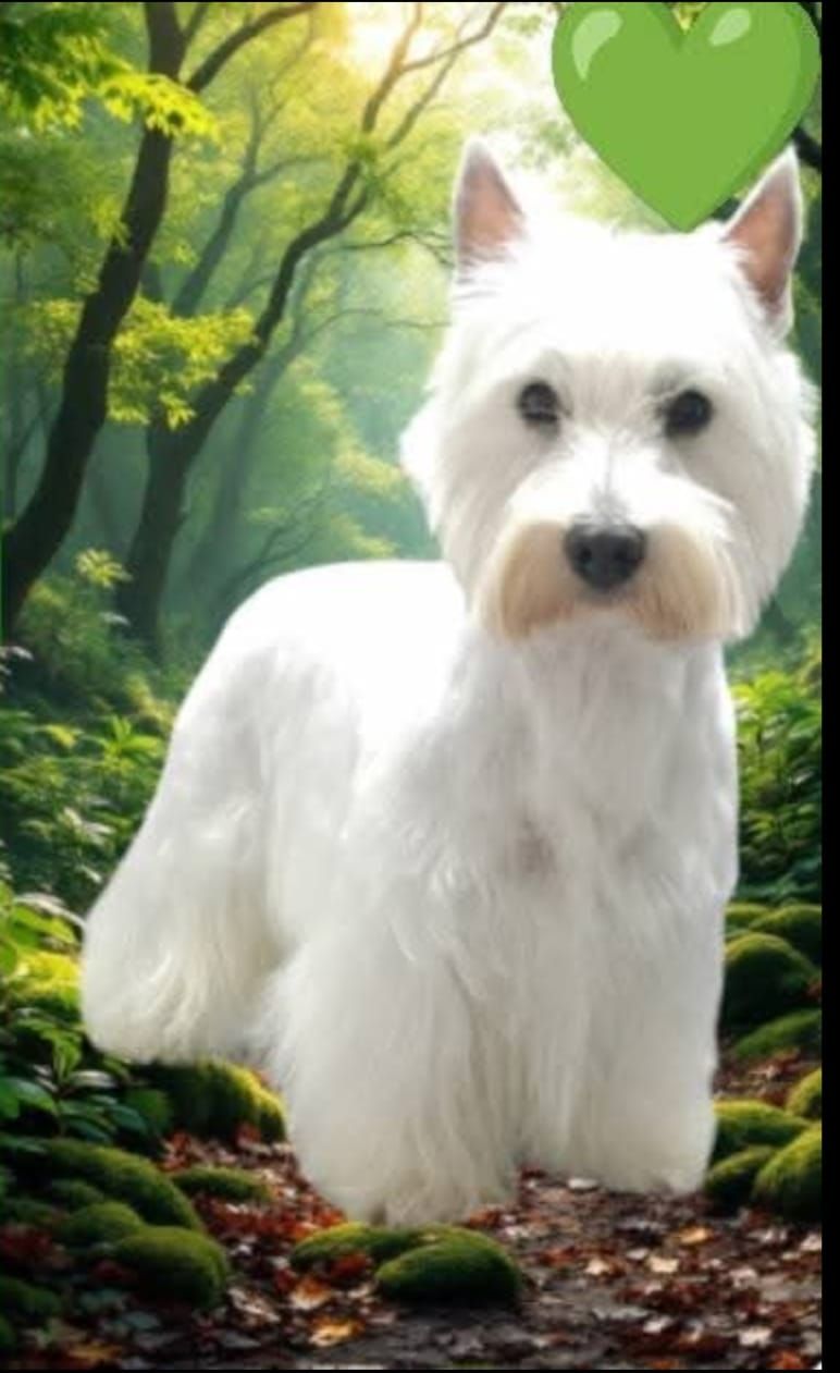 West Highland Terrier bianco in un bosco con un cuore verde sopra.