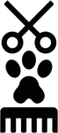 Icona in bianco e nero raffigurante forbici, impronta di zampa e pettine, che rappresenta i servizi di toelettatura per animali domestici.