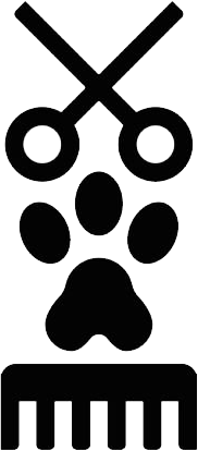 Icona in bianco e nero raffigurante forbici, impronta di zampa e pettine, che rappresenta i servizi di toelettatura per animali domestici.