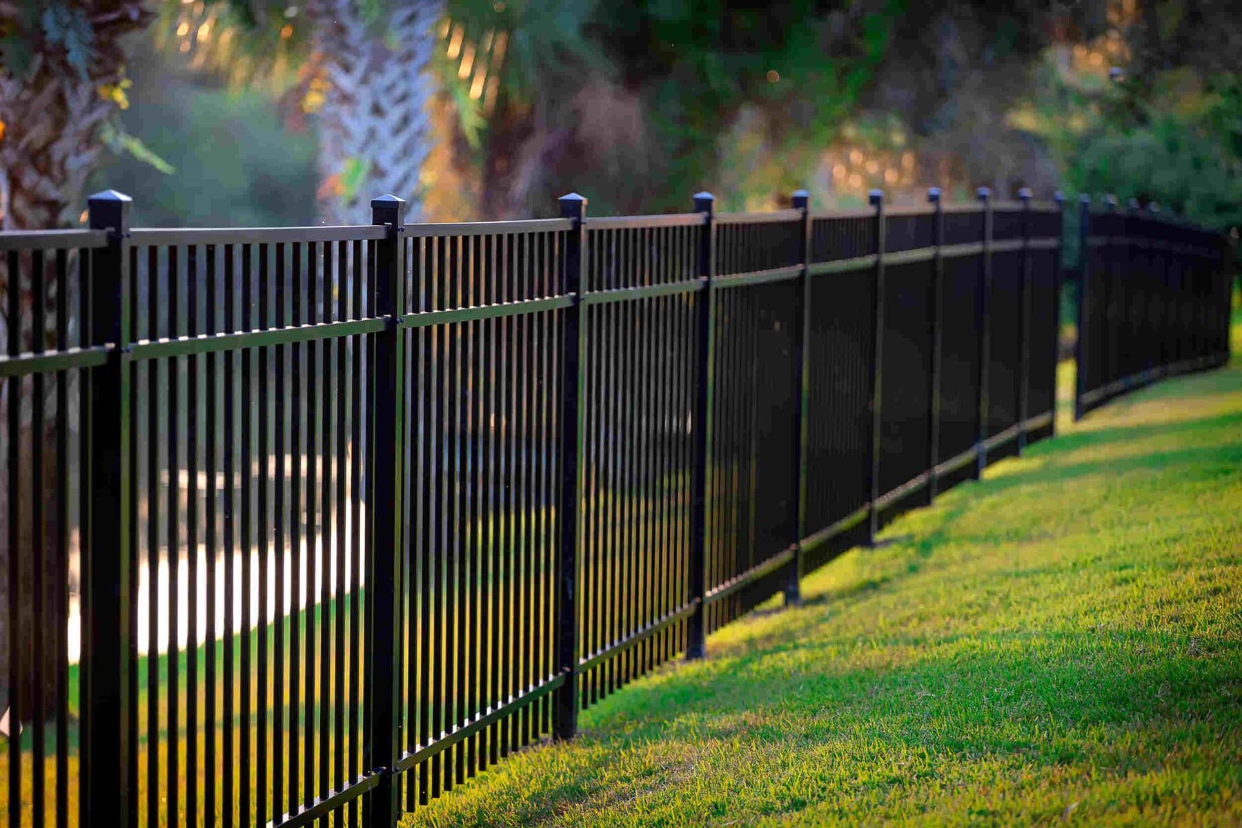 A Black metal fence surrounds a lush Green Field — Fencing in Port Stephens, NSW