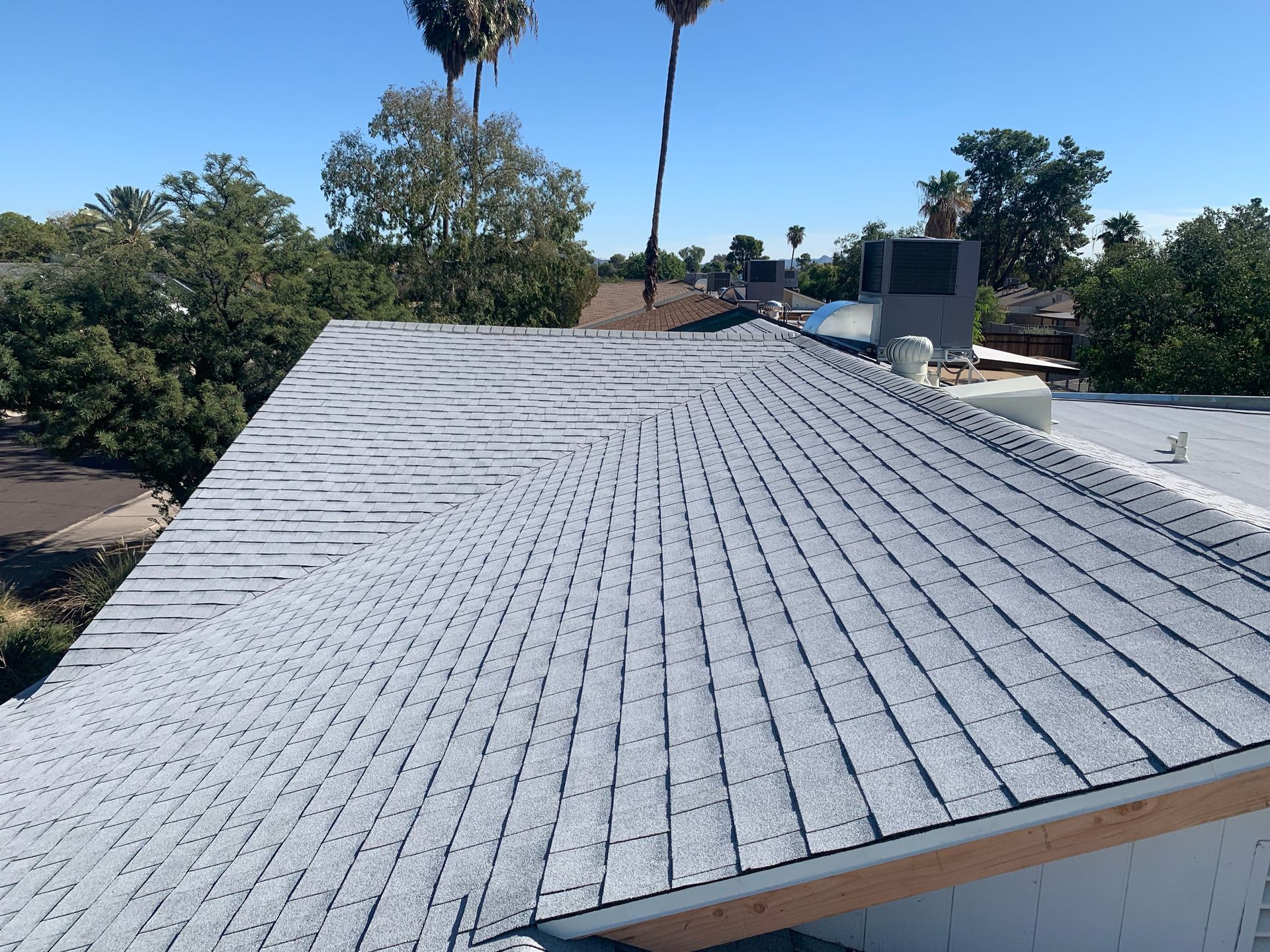 Gray shingle roof on a house, viewed from above, with palm trees and blue sky in background.