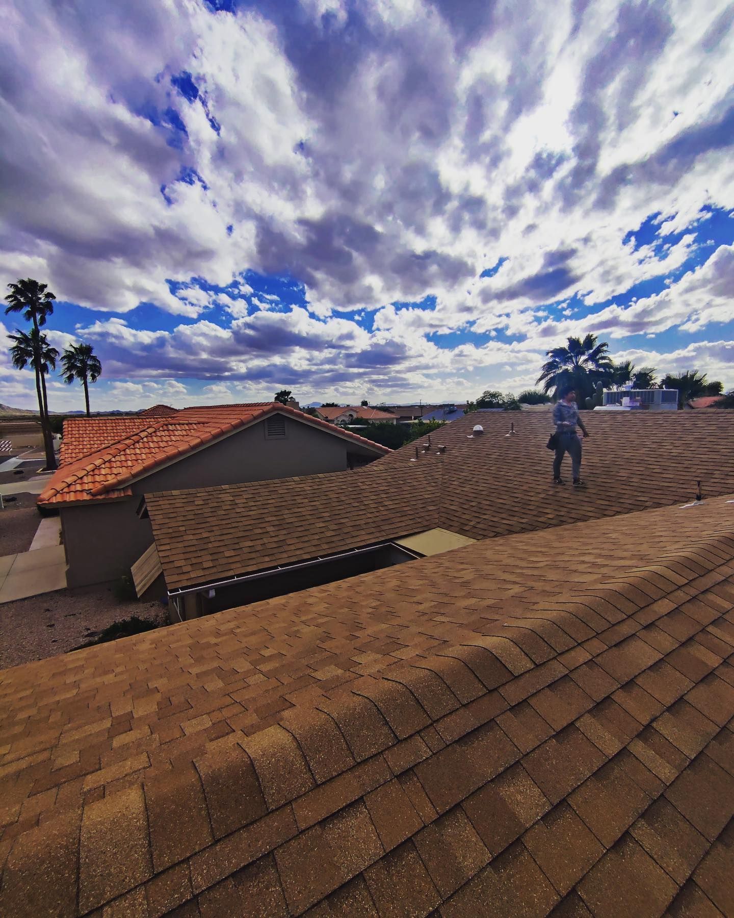 Roofer on a brown shingle roof under a cloudy blue sky. Palm trees are visible in the background.