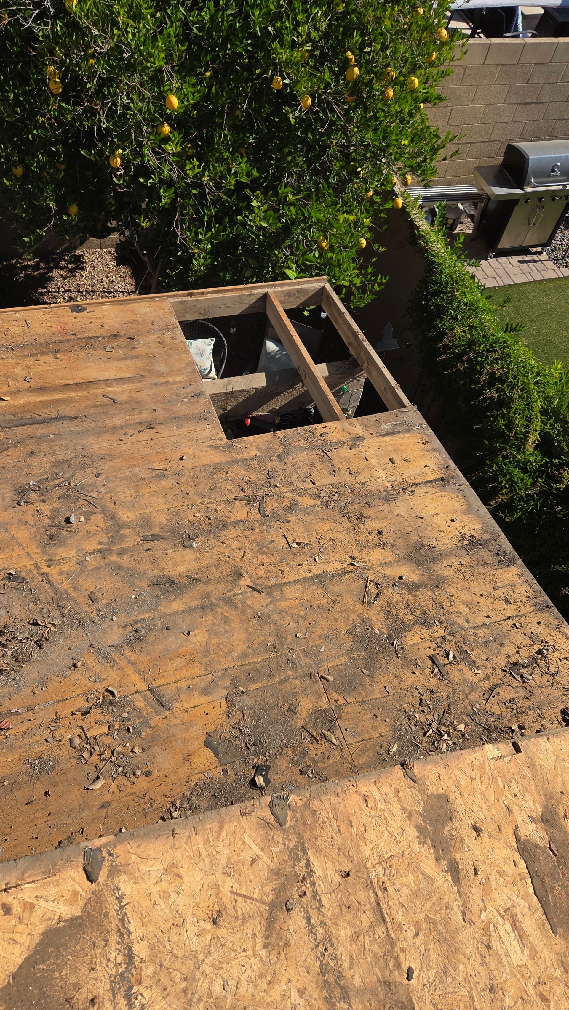 Rooftop with a rectangular hole and exposed wooden framework, debris scattered across the surface, in front of greenery.