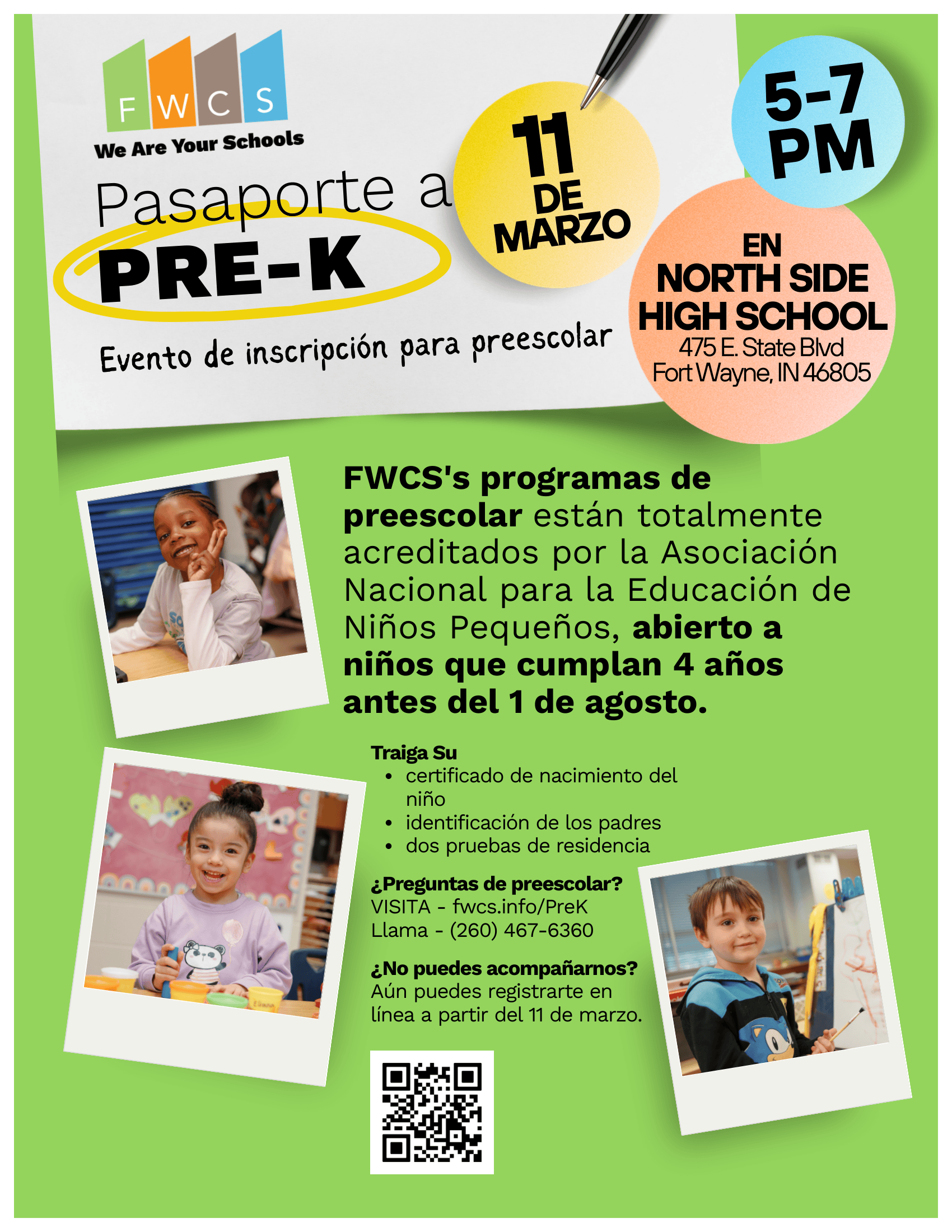 Flyer for a Pre-K event at North Side High School, March 11, 5-7 PM. Focus on preschool programs.