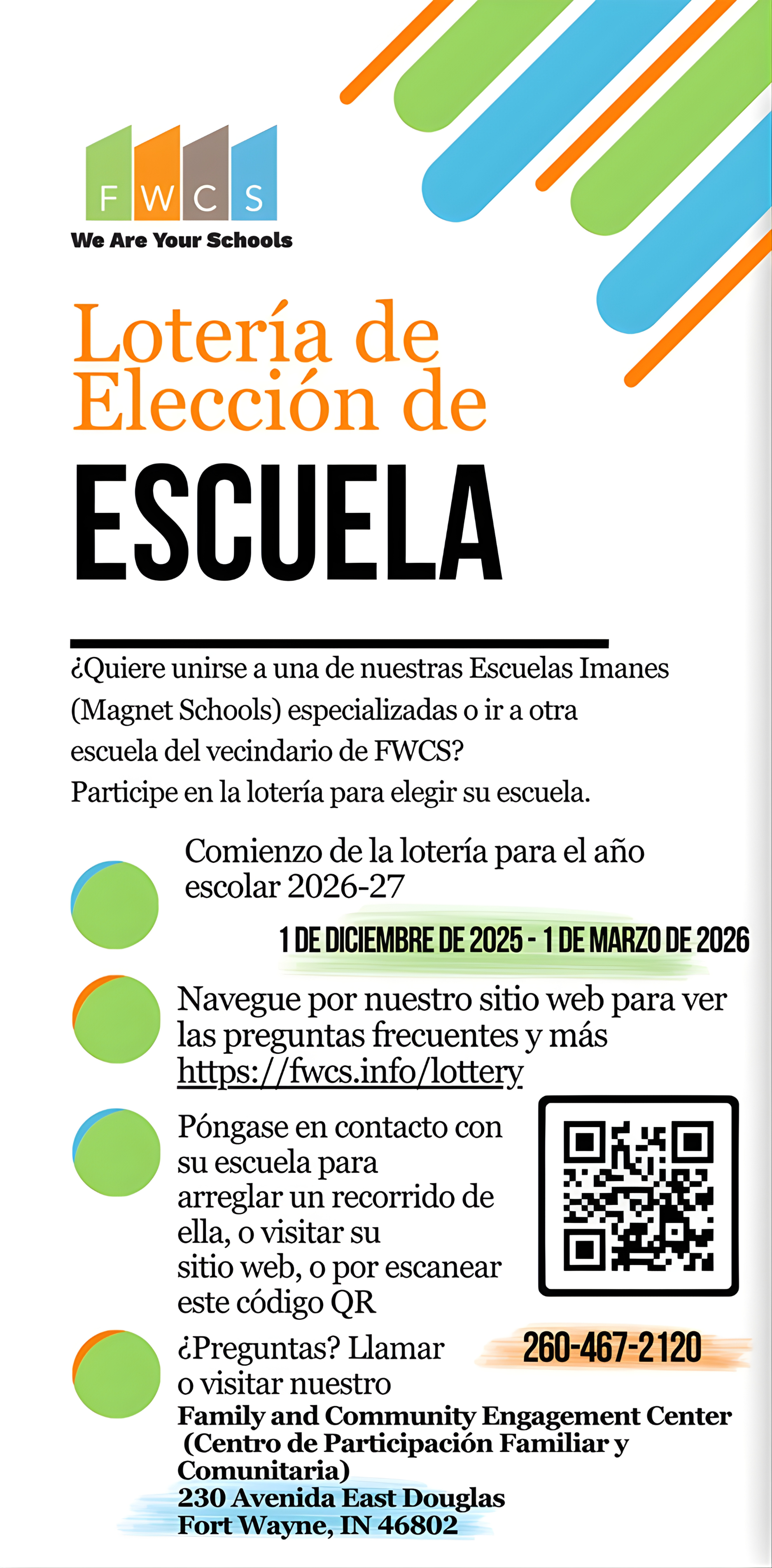 Flyer for School Lottery, dates Contains QR code and contact info.