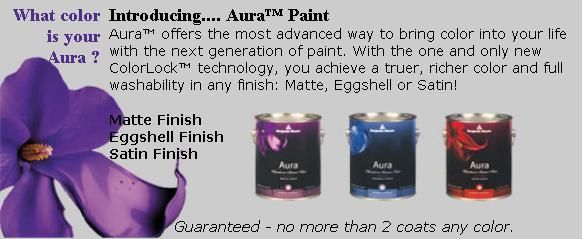 Advertisement for Aura paint, showcasing three paint cans in different colors with a purple flower. It emphasizes color and washability.