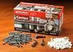 Boxed Cortex fasteners kit with various hardware components scattered nearby on a wooden surface.