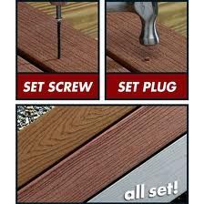 Steps for concealing screws on composite decking: screwing, plugging holes, and finished result.