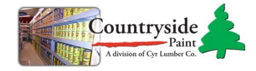Logo for Countryside Paint, a division of Cyr Lumber Co., featuring a paint store interior, the company name, and a green evergreen tree.