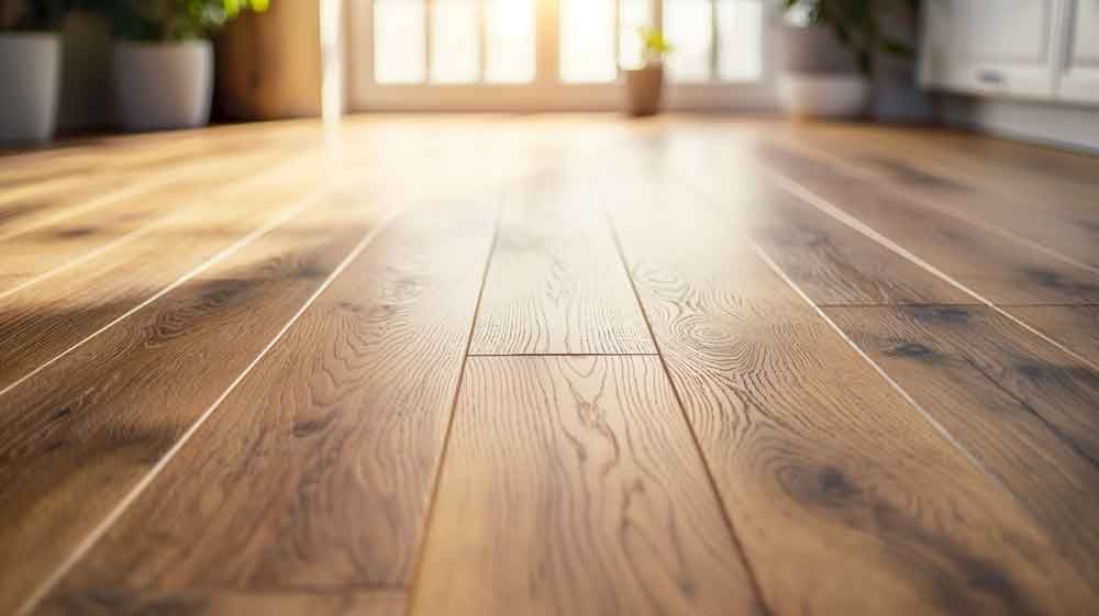 Close-up of hardwood flooring with natural wood grain, leading to a sunlit door and plants in the background.