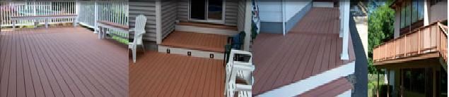 Composite shot of a wooden deck with a reddish-brown hue, featuring steps and a balustrade, potentially outdoors.
