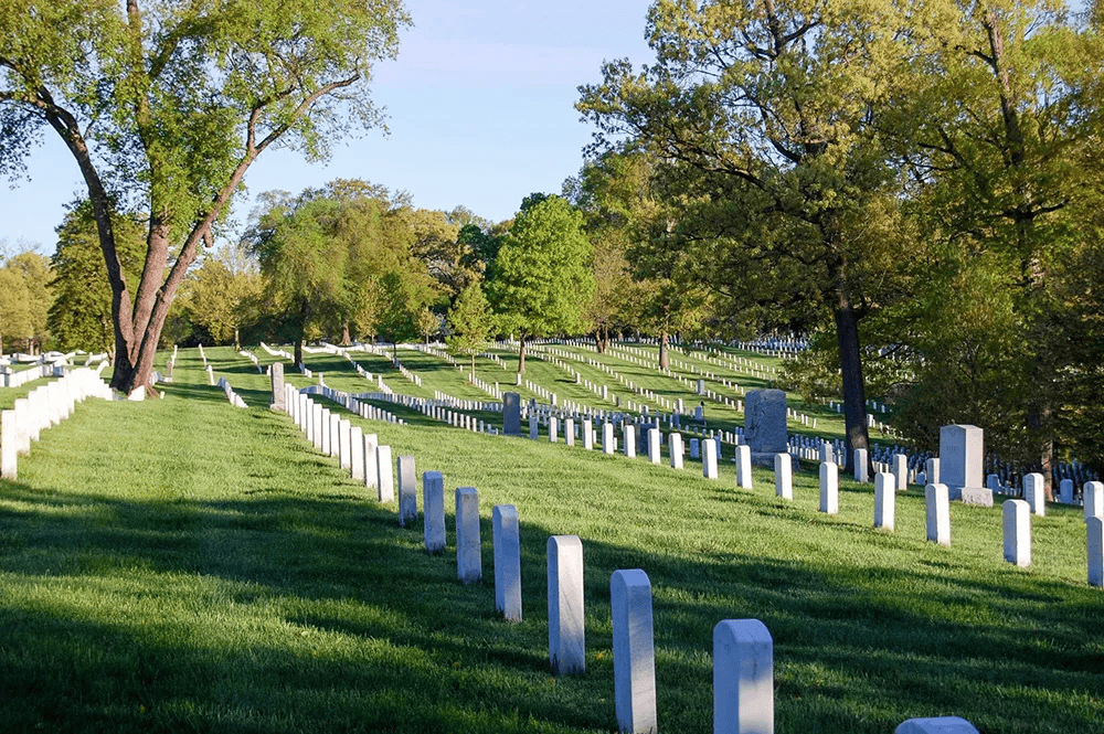 Rows of white headstones on a grassy hillside in a sunny cemetery, trees in the background.