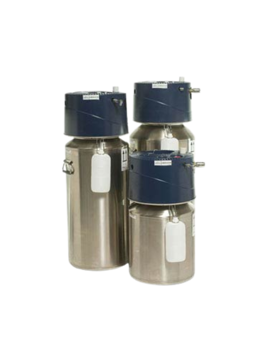 Four stainless steel cryogenic storage containers, topped with blue lids