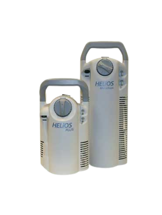 Two white Helios Plus portable oxygen concentrators with gray handles and dials.