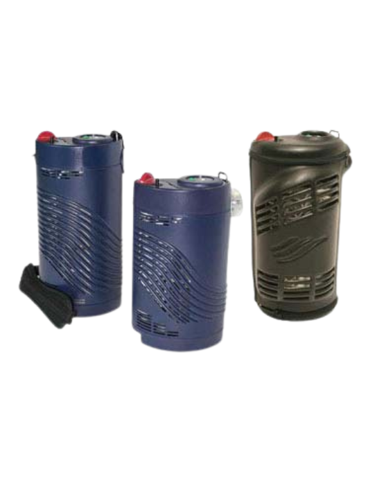 Three cylindrical oxygen concentrators: two blue, one black. They have wavy textured sides, red knobs on top, and ventilation slits.