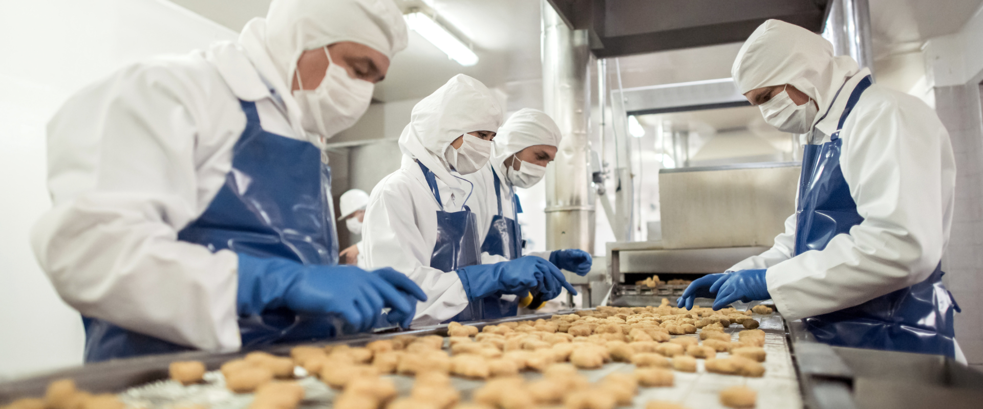 Workers in protective gear inspecting food items on a conveyor belt in a food processing facility.