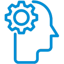 A blue icon of a person 's head with a gear in it.