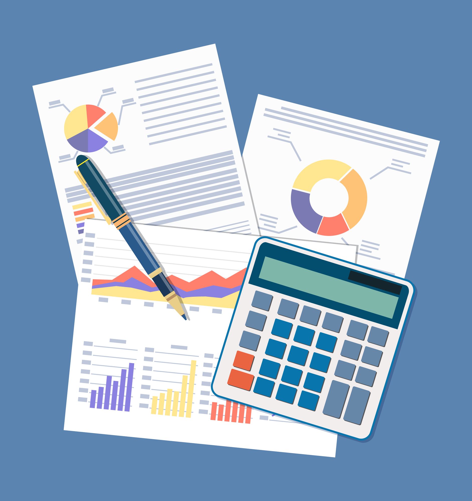 A pen , calculator , and papers with graphs and charts on a blue background.